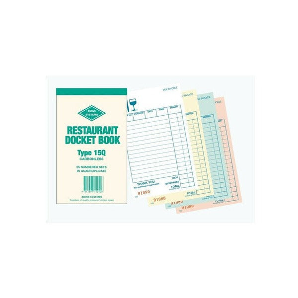 Earlier teal print cover of the Zions Type 15Q carbonless docket book with a fan of four coloured numbered dockets headed tax invoice