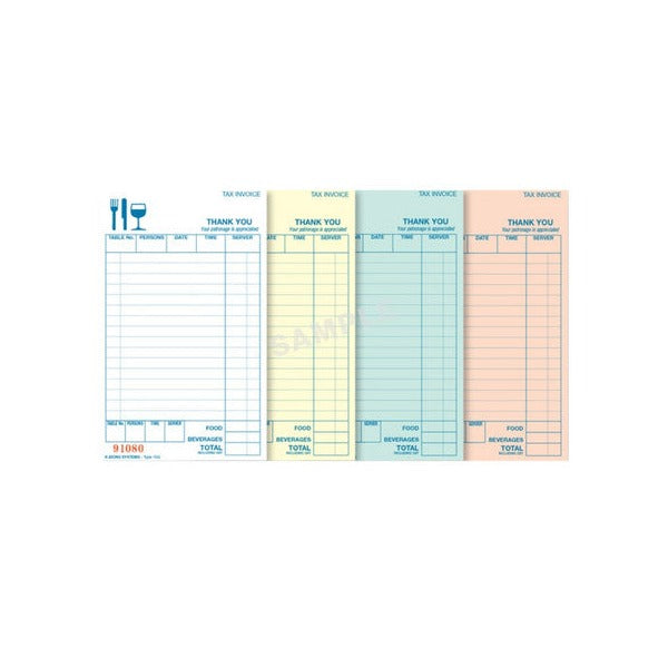 Four Zions 15Q dockets marked SAMPLE in white, yellow, pale green and pink with thank you headings, server boxes and food, beverages and total lines