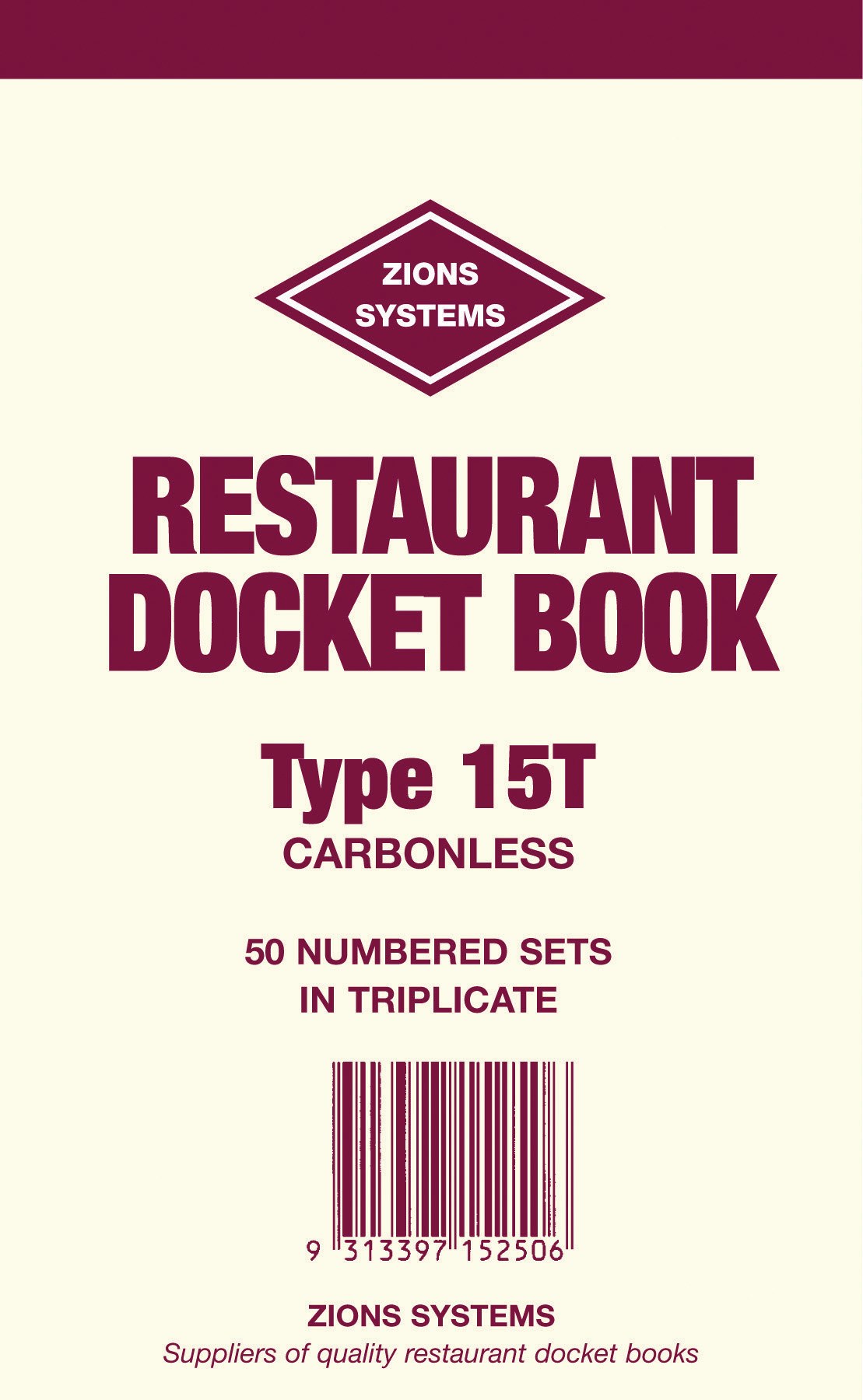 Front cover of the Zions restaurant docket book Type 15T in maroon print, carbonless, 50 numbered sets in triplicate, with a barcode