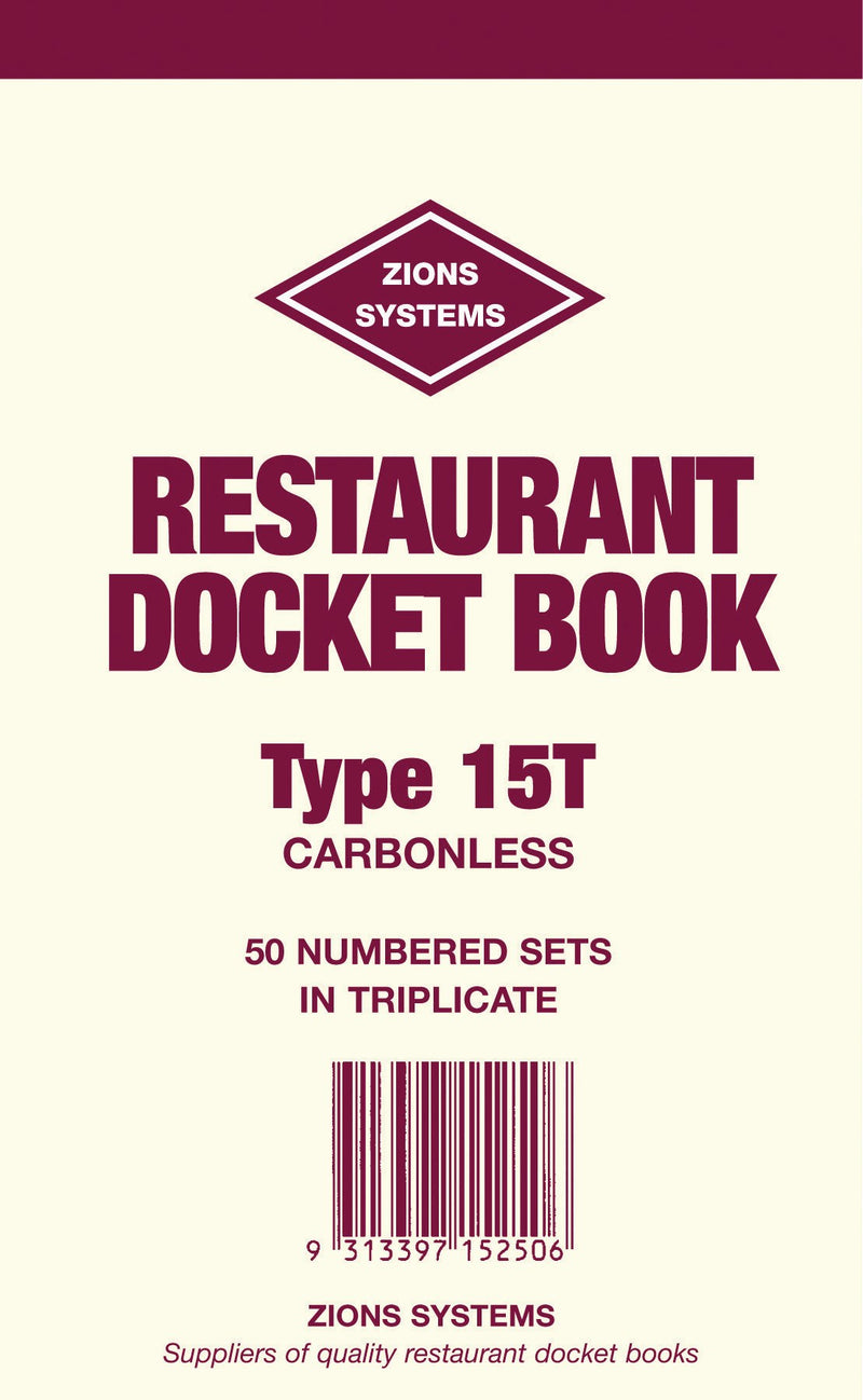Front cover of the Zions restaurant docket book Type 15T in maroon print, carbonless, 50 numbered sets in triplicate, with a barcode