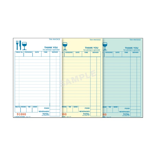 Three Zions 15T dockets marked SAMPLE in white, yellow and pale green with thank you headings, server boxes and food, beverages and total lines