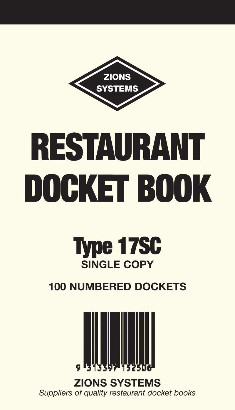 Cream cover of the Zions restaurant docket book Type 17SC reading single copy and 100 numbered dockets above a barcode