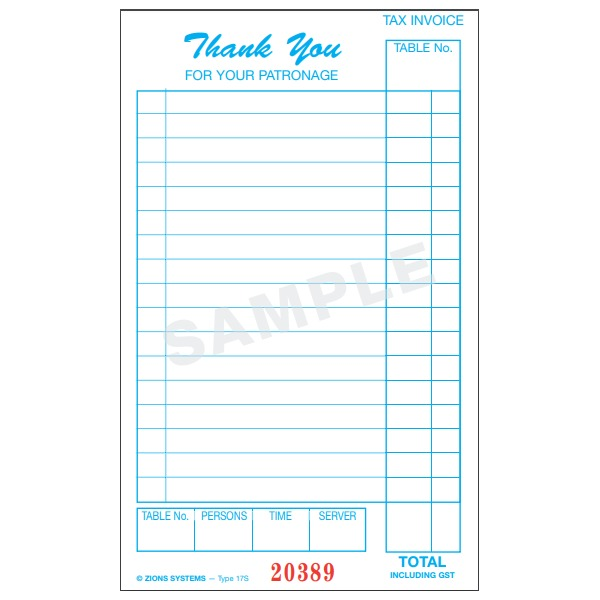Zions 17SC docket marked SAMPLE with thank you for your patronage script, tax invoice heading, table, persons, time and server boxes and total