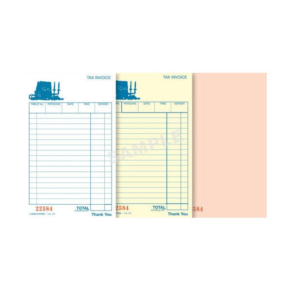 Zions CBT triplicate dockets marked SAMPLE laid side by side in white, yellow and pink, each with table, persons, date, time and server boxes and a total
