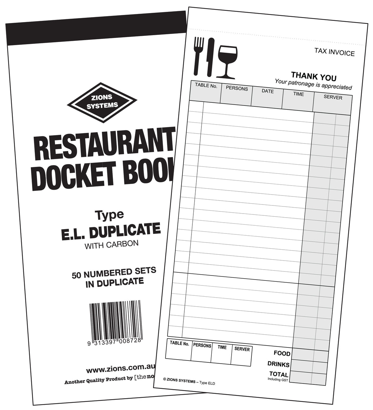 Zions Type E.L. duplicate restaurant docket book with a white cover reading with carbon, shown beside a tall docket with food, drinks and total lines