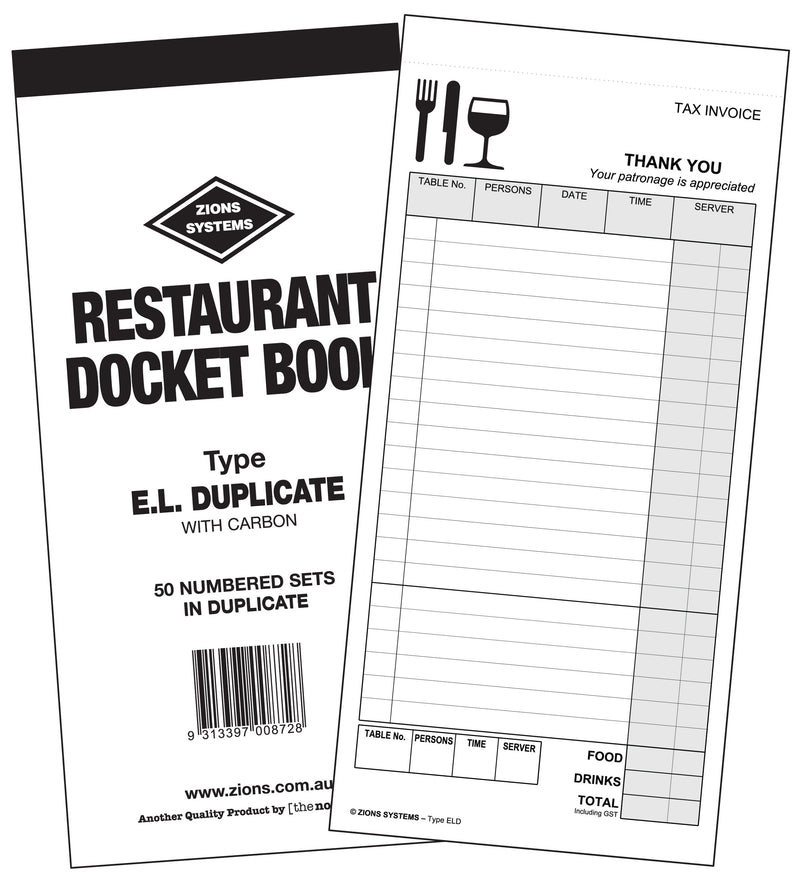 Zions Type E.L. duplicate restaurant docket book with a white cover reading with carbon, shown beside a tall docket with food, drinks and total lines