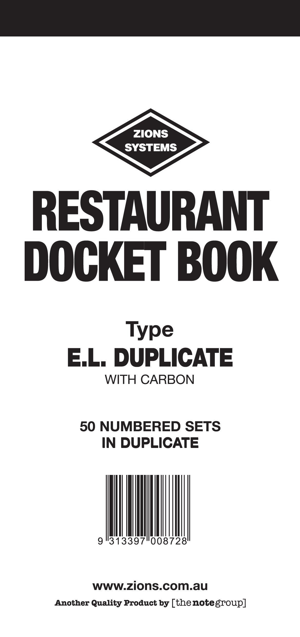 White cover of the Zions ELD restaurant docket book printed Type E.L. duplicate, with carbon and 50 numbered sets in duplicate above a barcode