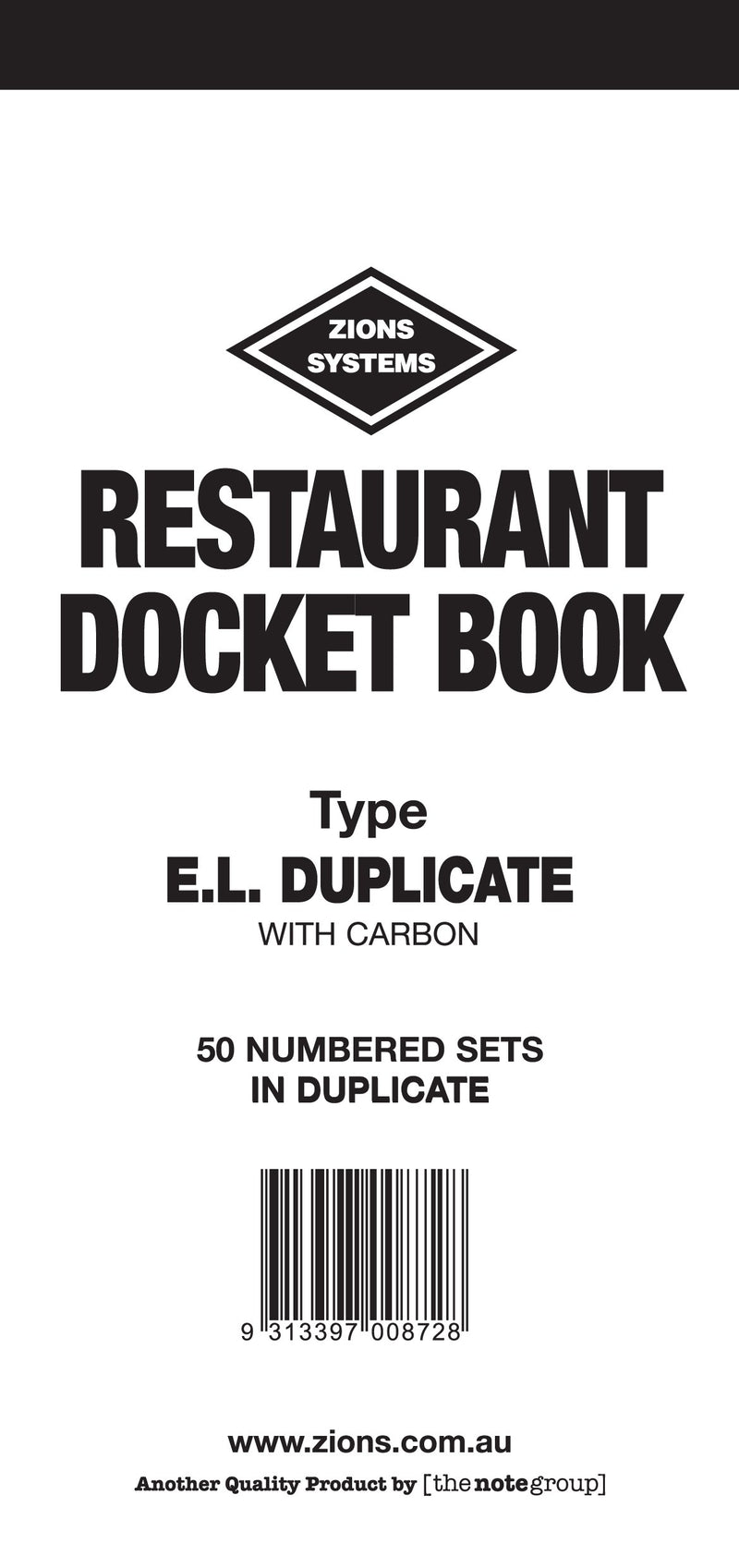 White cover of the Zions ELD restaurant docket book printed Type E.L. duplicate, with carbon and 50 numbered sets in duplicate above a barcode