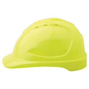 Fluoro yellow Zions V9 vented hard hat in a bright lime shade, side view showing the front peak, ribbed crown and a row of vent slots