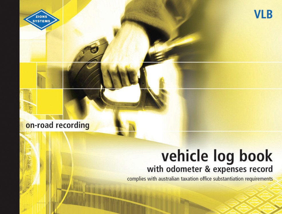 Landscape cover of the Zions VLB vehicle log book with odometer and expenses record, black spine strip, yellow fuel nozzle photo and ATO substantiation line