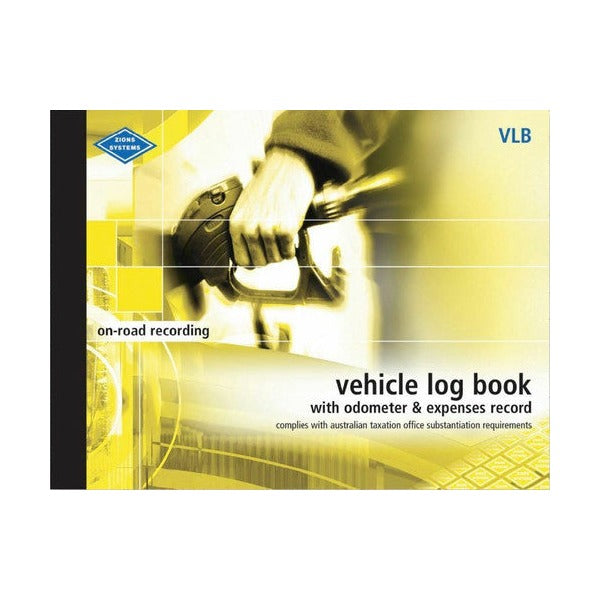 Smaller photo of the Zions VLB vehicle log book cover in yellow tones with the black spine strip and on-road recording heading