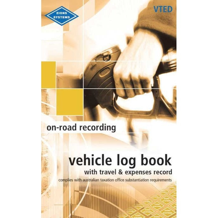 Cover of the Zions VTED on-road recording vehicle log book with travel and expenses record, amber photo of a hand holding a fuel nozzle and the ATO substantiation line