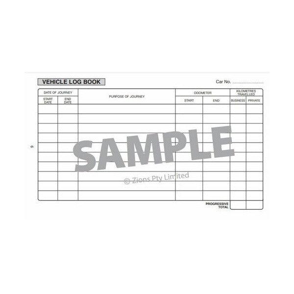 Vehicle Log Book sample page with Car No. line and columns for journey dates, purpose of journey, odometer start and end and business or private kilometres