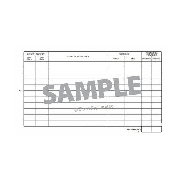 Right hand log page continuing the journey date, purpose, odometer and kilometres travelled columns, marked SAMPLE with a progressive total box