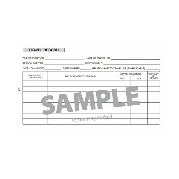 Travel Record sample page with lines for trip description, traveller name, reason for trip and position held above a table of places and activities