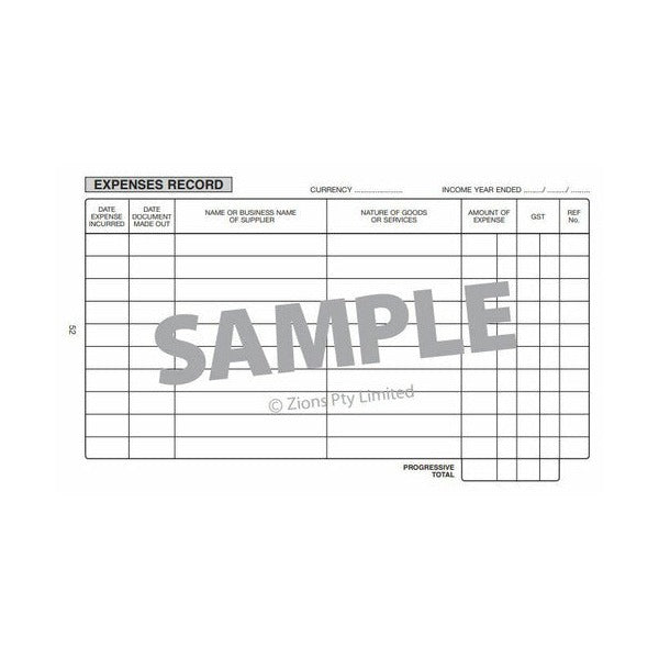 Expenses Record sample page with currency and income year lines and columns for dates, supplier name, goods or services, amount of expense, GST and ref number