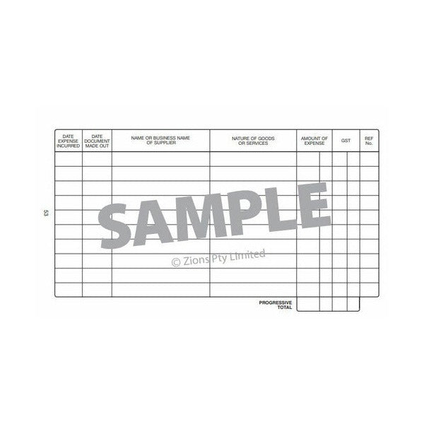 Second expenses record page with the same dated supplier, goods, amount, GST and reference columns, stamped SAMPLE and ending in a progressive total