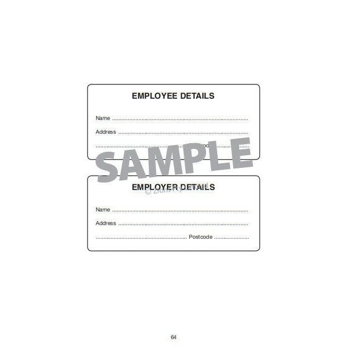 Final page of the Zions log book, numbered 64, with two boxed panels headed Employee Details and Employer Details for name and address