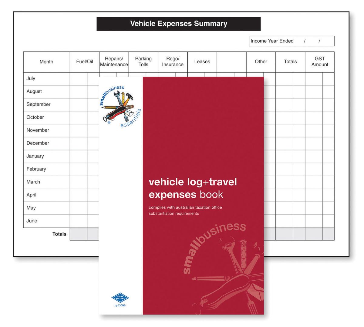 Red Zions Small Business Essentials vehicle log and travel expenses book cover laid over a Vehicle Expenses Summary page with monthly rows from July to June