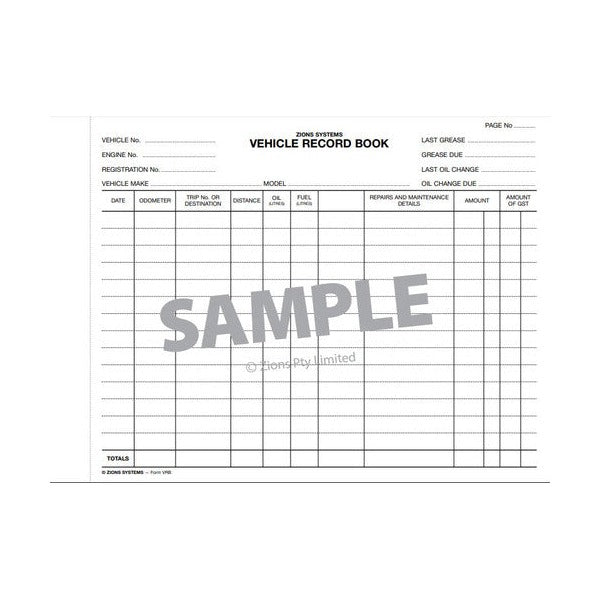 Sample page of the Zions vehicle record book with vehicle, engine and registration fields above columns for date, odometer, destination, distance, oil, fuel, repairs, amount and GST