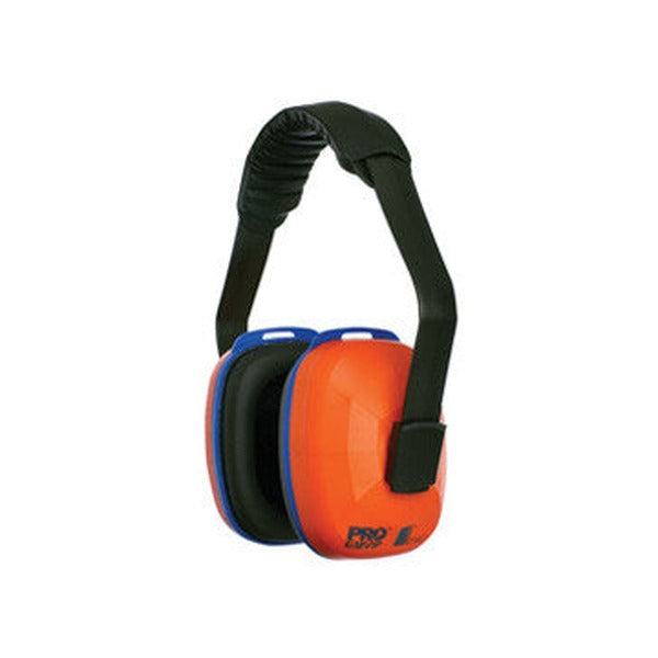 Side view of the Viper earmuffs showing an orange cup with a blue rim, black cushion and the black headband rising above