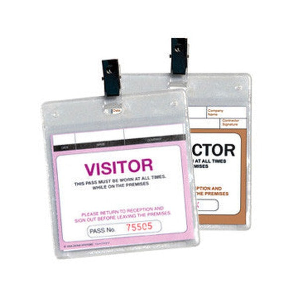 Two Zions clip on plastic wallets, the front holding a pink VISITOR pass and the one behind holding a brown CONTRACTOR pass