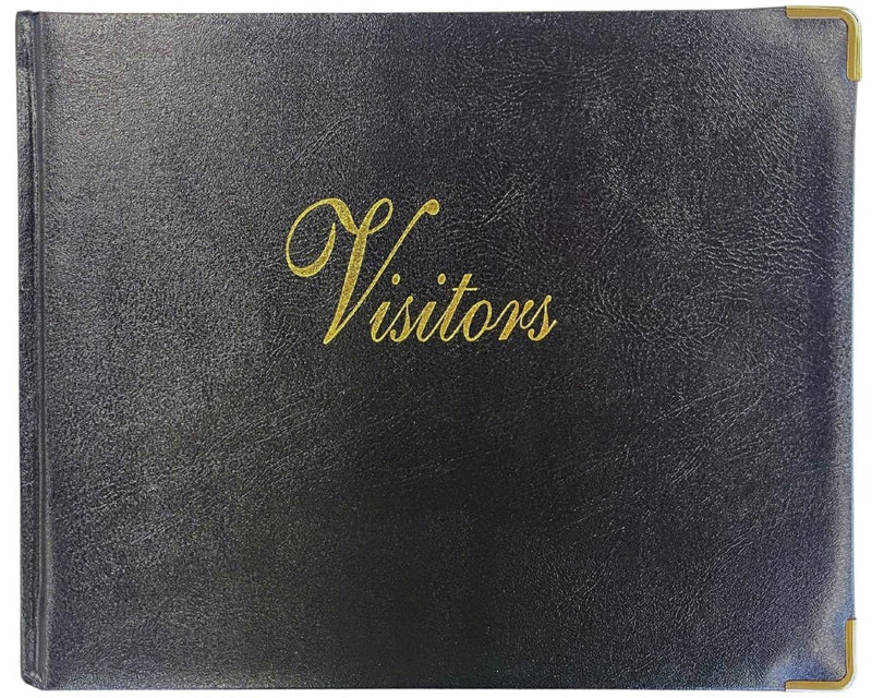 Zions 72BK visitors book with a black grained padded cover, Visitors in gold script across the front and brass corner pieces