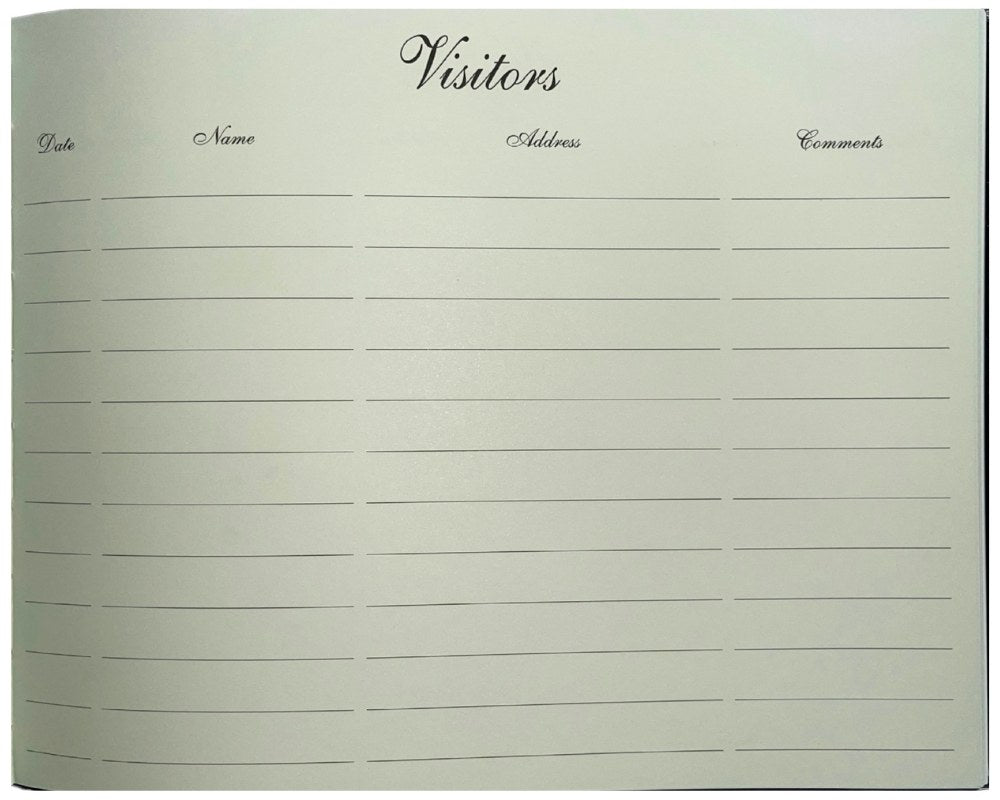Inside page of the Zions visitors book headed Visitors in script, with ruled columns for date, name, address and comments