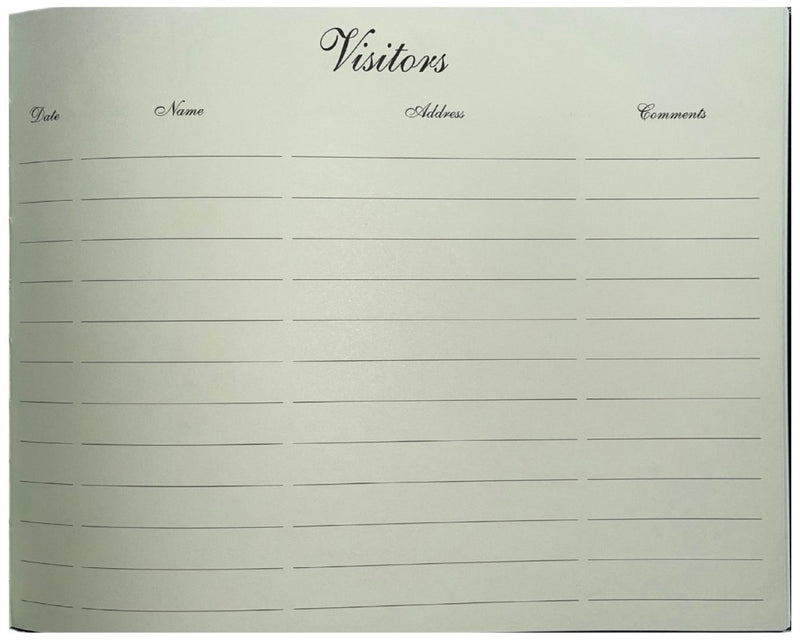 Inside page of the Zions visitors book headed Visitors in script, with ruled columns for date, name, address and comments