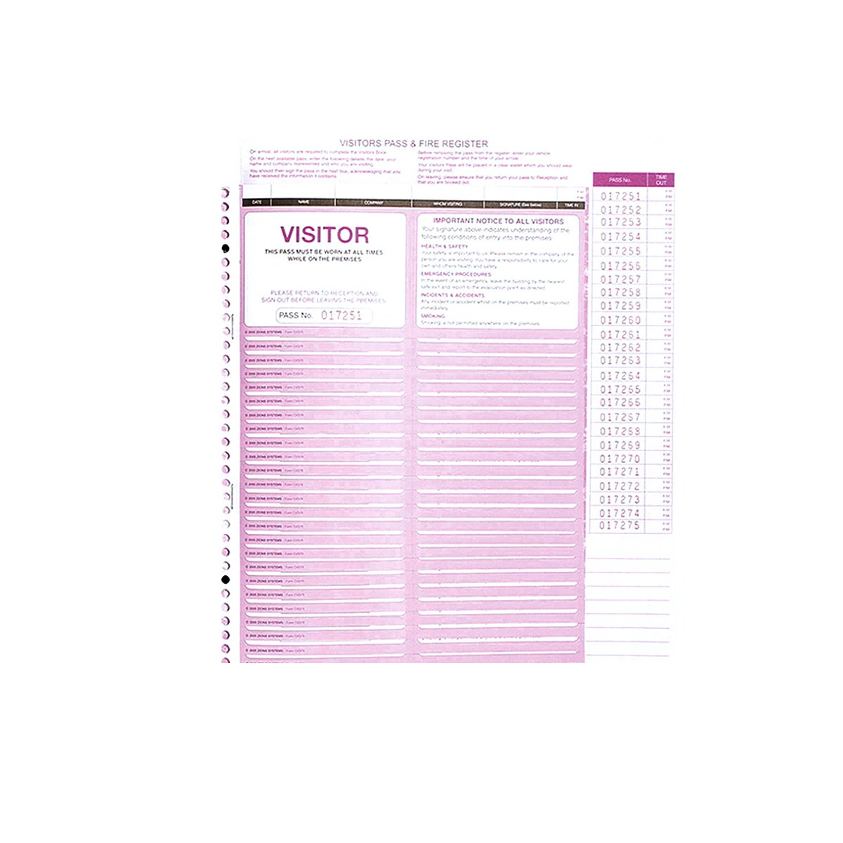 Zions CVSFR visitors pass and fire register sheet with overlapping pink pass slips, a VISITOR pass panel on top and a column of red pass numbers with time out boxes