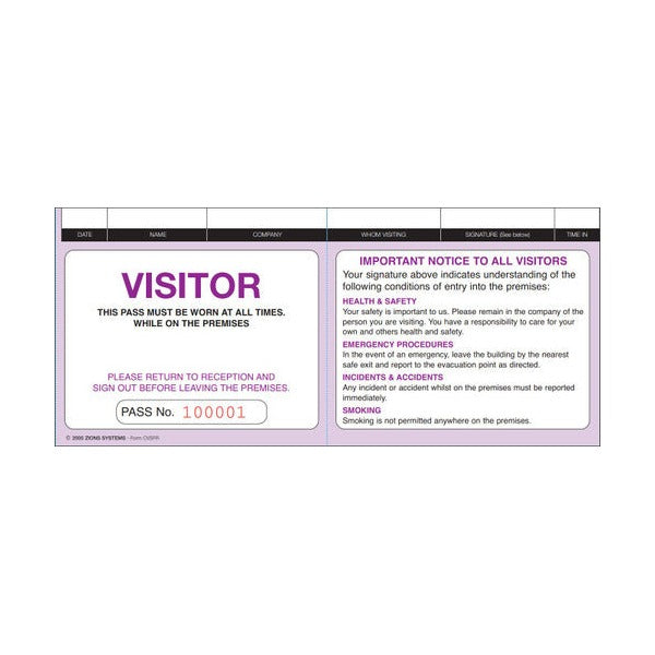 Close up of one Zions visitor pass slip with date, name, company, whom visiting, signature and time in fields above a VISITOR panel and an important notice to all visitors