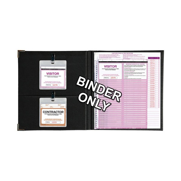 Zions visitors binder shown open with a pass register on the right and visitor and contractor passes in clip wallets on the left, labelled Binder Only