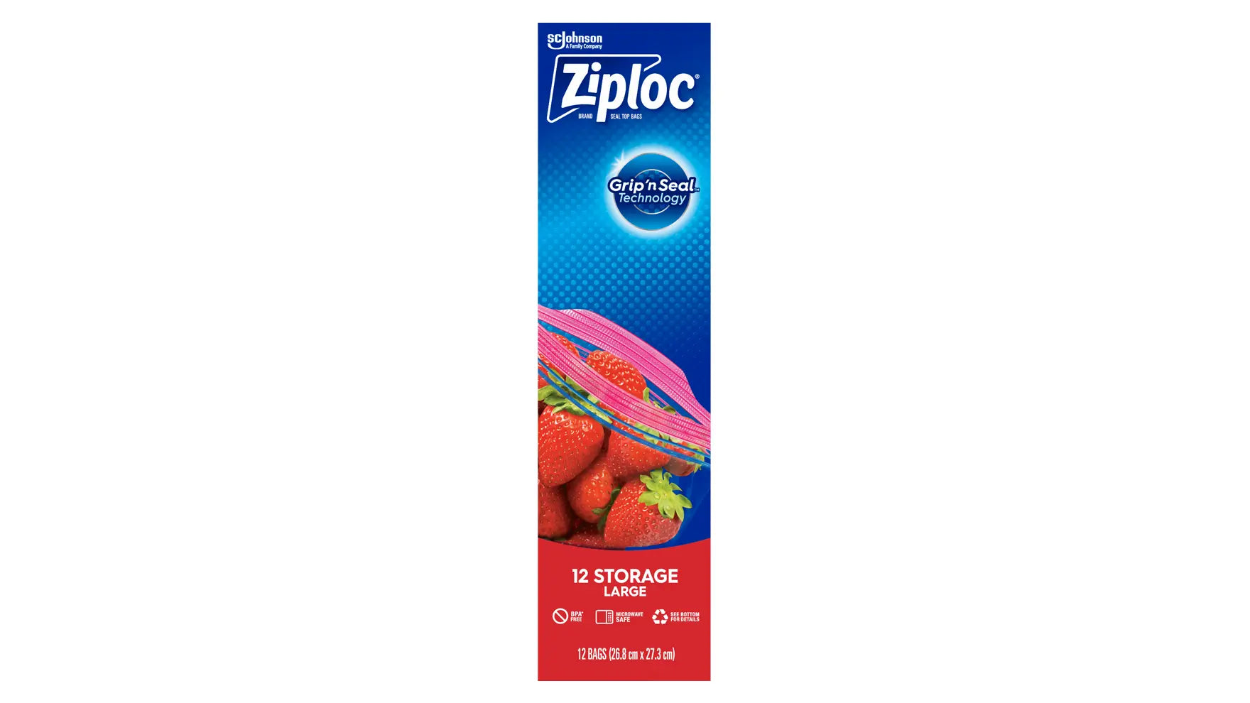 Ziploc Large Storage Bags box front, blue and red pack reading 12 STORAGE LARGE and 12 BAGS 26.8 cm x 27.3 cm, with BPA free, microwave safe and recycling icons