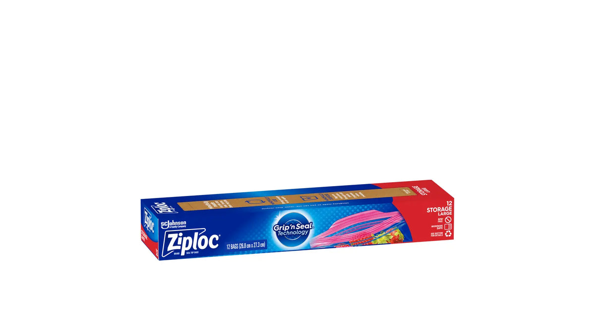 The same Ziploc Large Storage Bags box shown at an angle with the lid flap open, showing the Grip n Seal Technology roundel and the tear strip