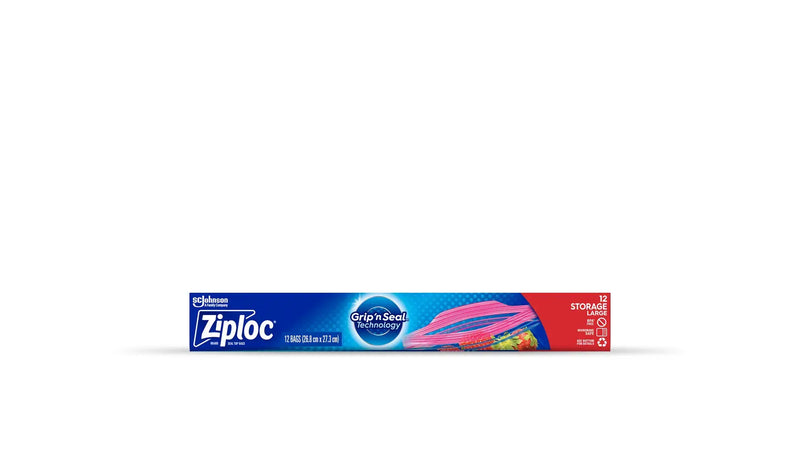 Ziploc Large Storage Bags box photographed flat side on, showing the SC Johnson logo, the Grip n Seal Technology roundel and the 12 bag count