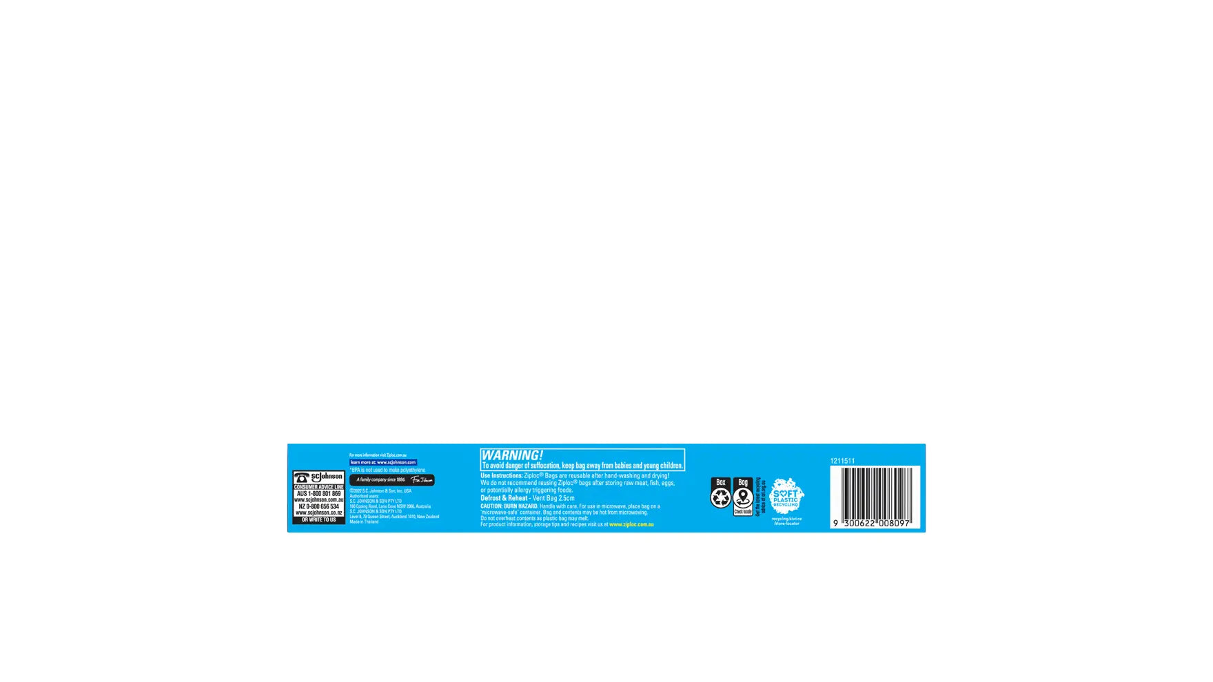 Back panel of the Ziploc Large Storage Bags box, carrying the suffocation warning, the use and microwave instructions, the box and bag recycling marks and the barcode