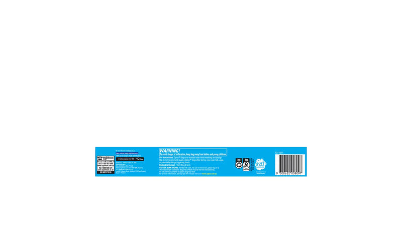 Back panel of the Ziploc Large Storage Bags box, carrying the suffocation warning, the use and microwave instructions, the box and bag recycling marks and the barcode