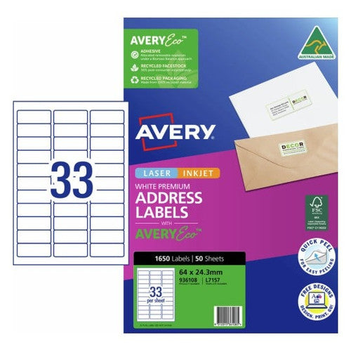 AveryEco White Address and Shipping Inkjet Labels J8157 50 Pack 64 x 24.3mm 33UP
