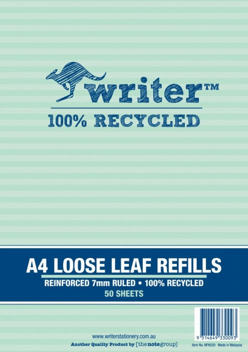 Writer A4 Reinforced Binder Refills 8mm Ruled Recycled 50 Leaf