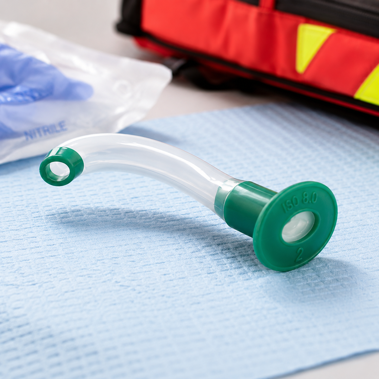 AeroRescue green size 2 Guedel airway on a clinical medical pad beside emergency response supplies.