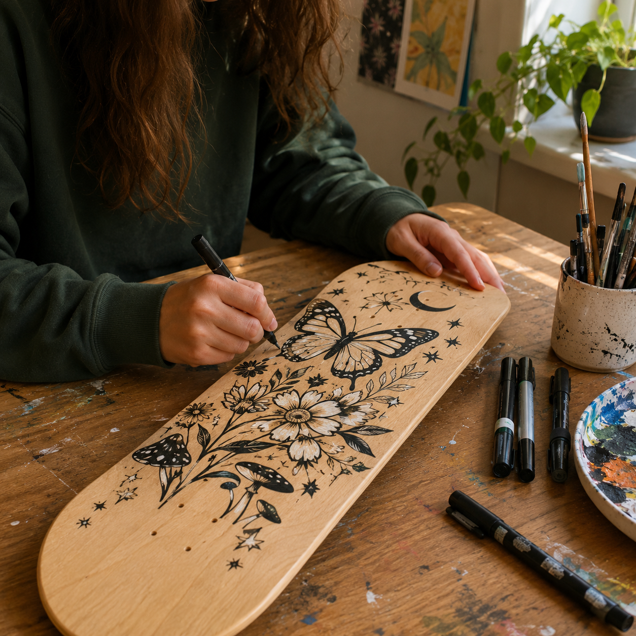 Custom skateboard art workspace: Artist decorating a natural timber blank skateboard deck with black marker illustrations on a wooden studio table.
