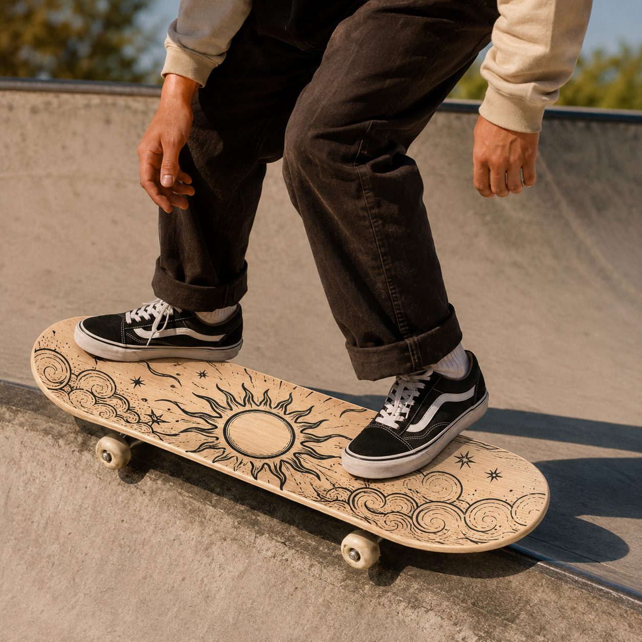 Outdoor skateboard in use: Custom natural wood skateboard deck being ridden at a concrete skatepark, showing a creative hand drawn sun and cloud design.