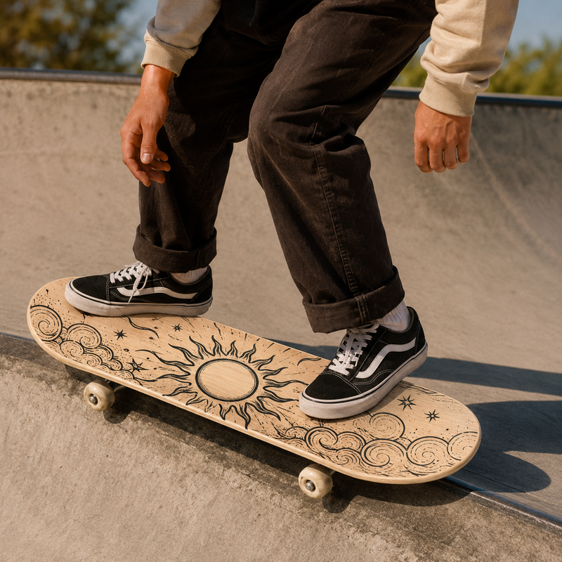Outdoor skateboard in use: Custom natural wood skateboard deck being ridden at a concrete skatepark, showing a creative hand drawn sun and cloud design.