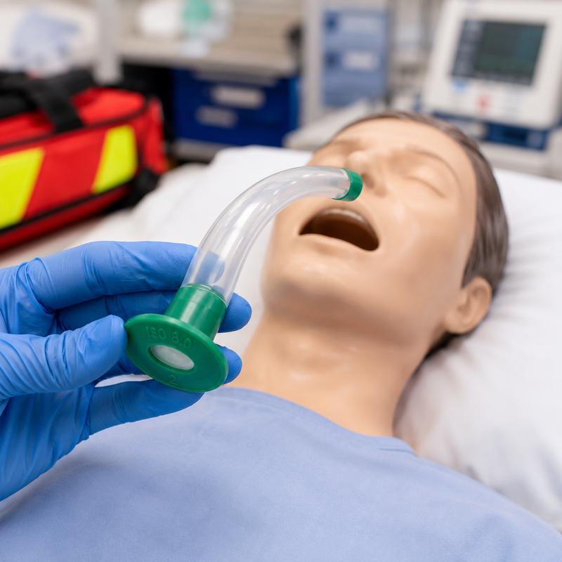AeroRescue green size 2 Guedel airway shown during airway management training with a medical mannequin.