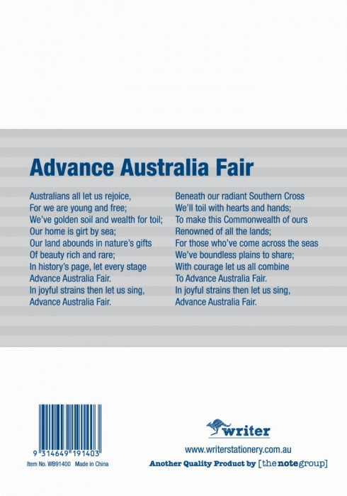 Back cover of a book with text and a barcode, featuring the 'Advance Australia Fair' poem.
