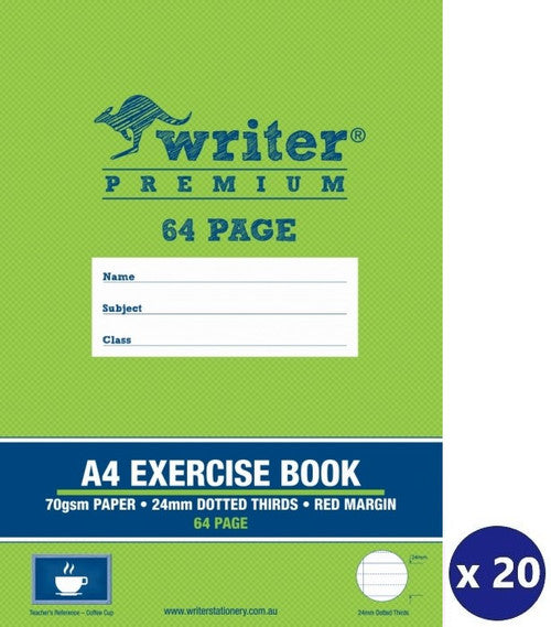 Writer Premium Exercise Book A4 64 Page 24mm Dotted Thirds Red Margin Pack 20 — front cover