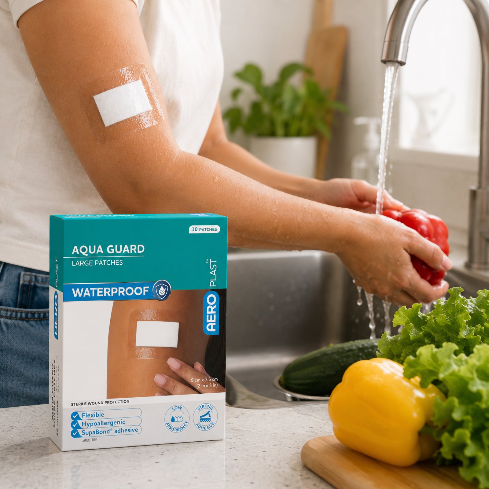 AeroPlast AquaGuard Large Waterproof Patch box beside a person washing vegetables at a kitchen sink, with a clear waterproof dressing visible on the upper arm to demonstrate protection during everyday water exposure.