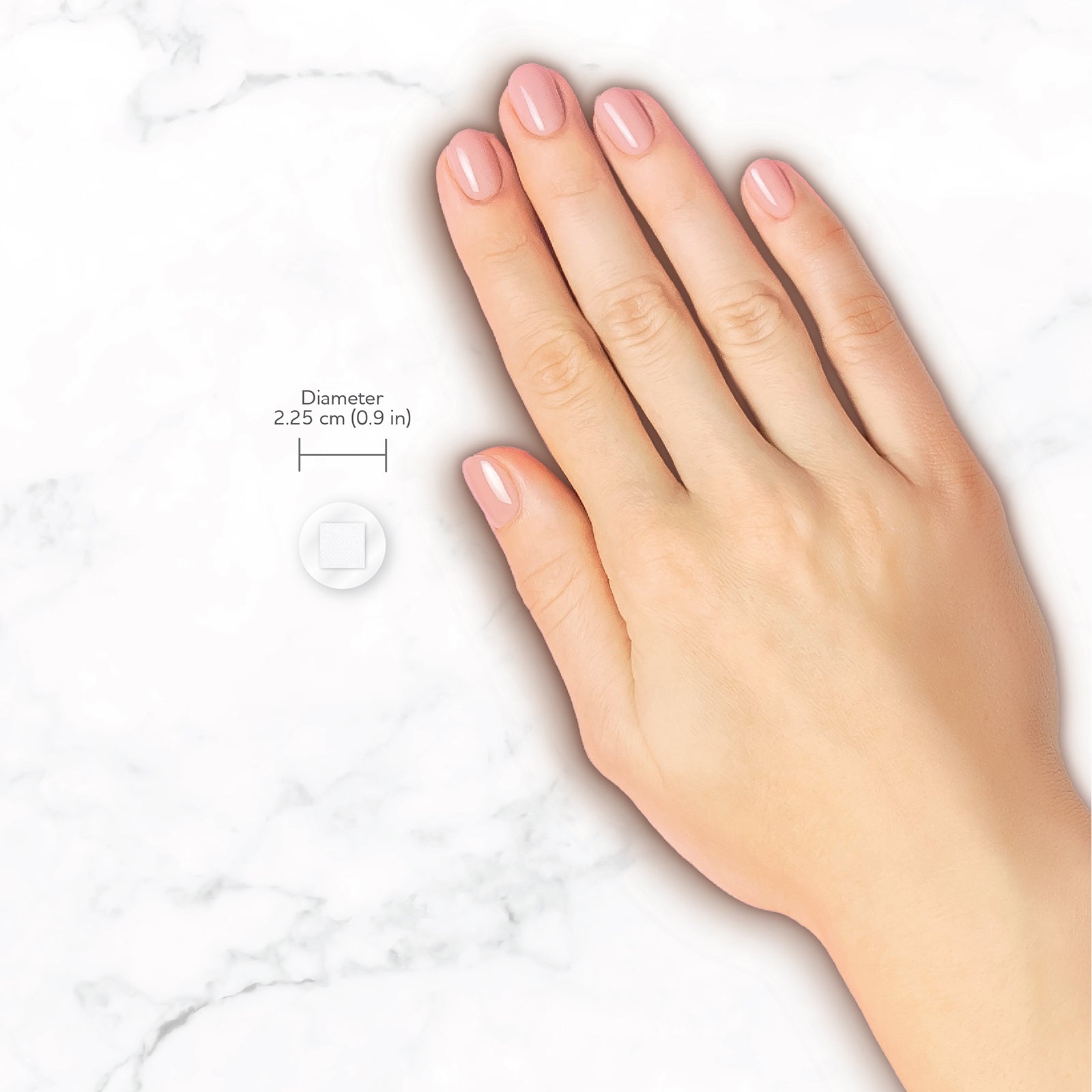 Size comparison showing an AeroPlast AquaGuard circular spot dressing beside a hand. The graphic identifies the dressing diameter as 2.25cm and demonstrates its compact dimensions for focused protection of small cuts, grazes and puncture sites.