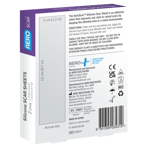 AeroScar Silicone Scar Sheets 3 x 12cm Box of 2