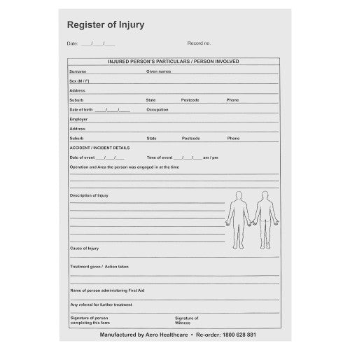 Aerosupplies A5 Register of Injuries Duplicate Pad 25 Pages